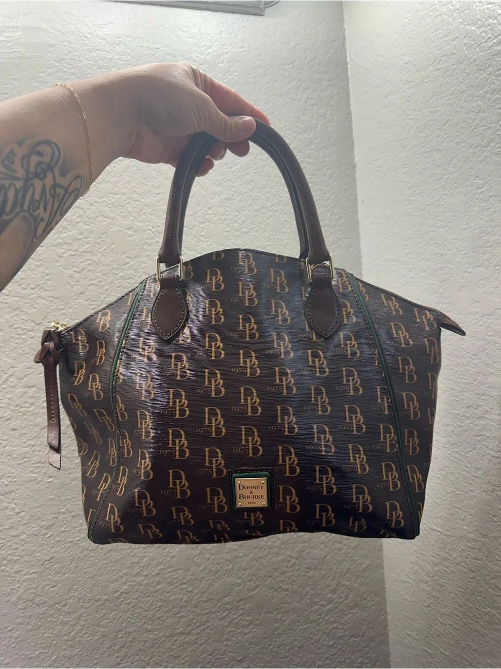 Dooney & Bourke Brown Logo Satchel with Tan Accents